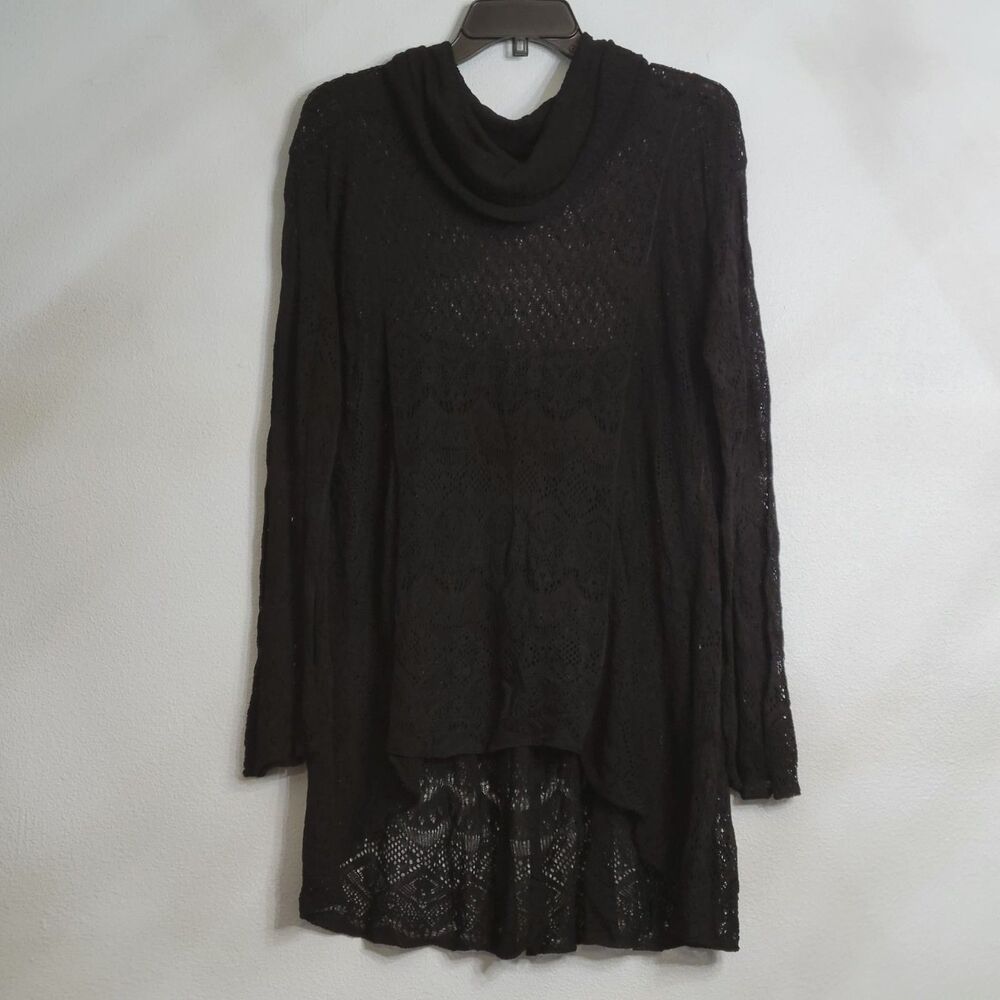 Umgee Black Sheer Crochet Lace High-Low Top Cowl Neck Boho Lagenlook Whimsygoth